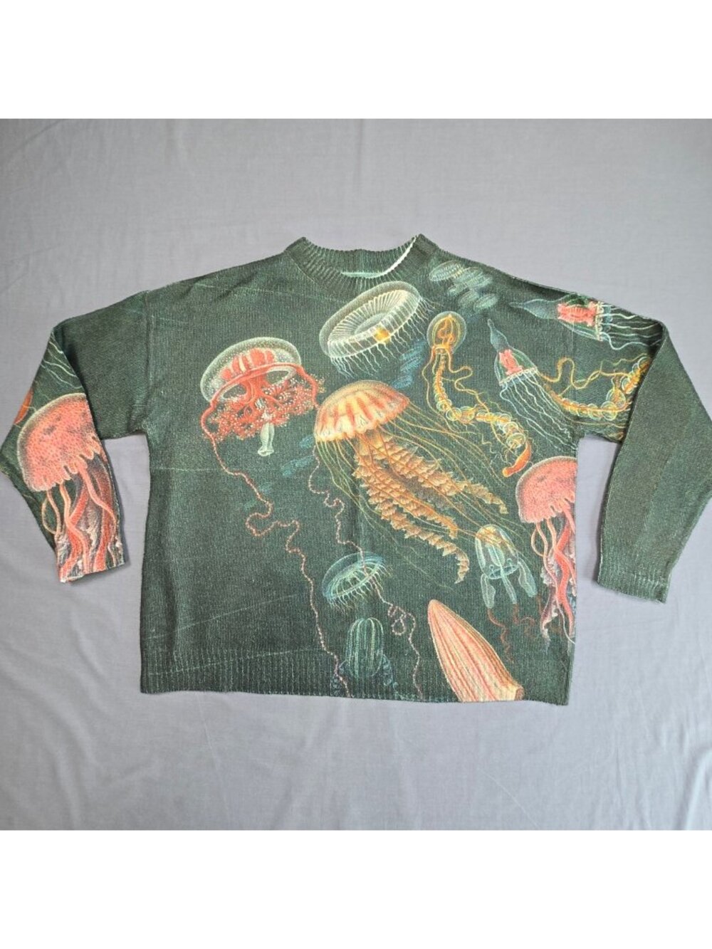 Jellyfish Unisex Large Knit Crewneck Sweater Green Aquarium Boho